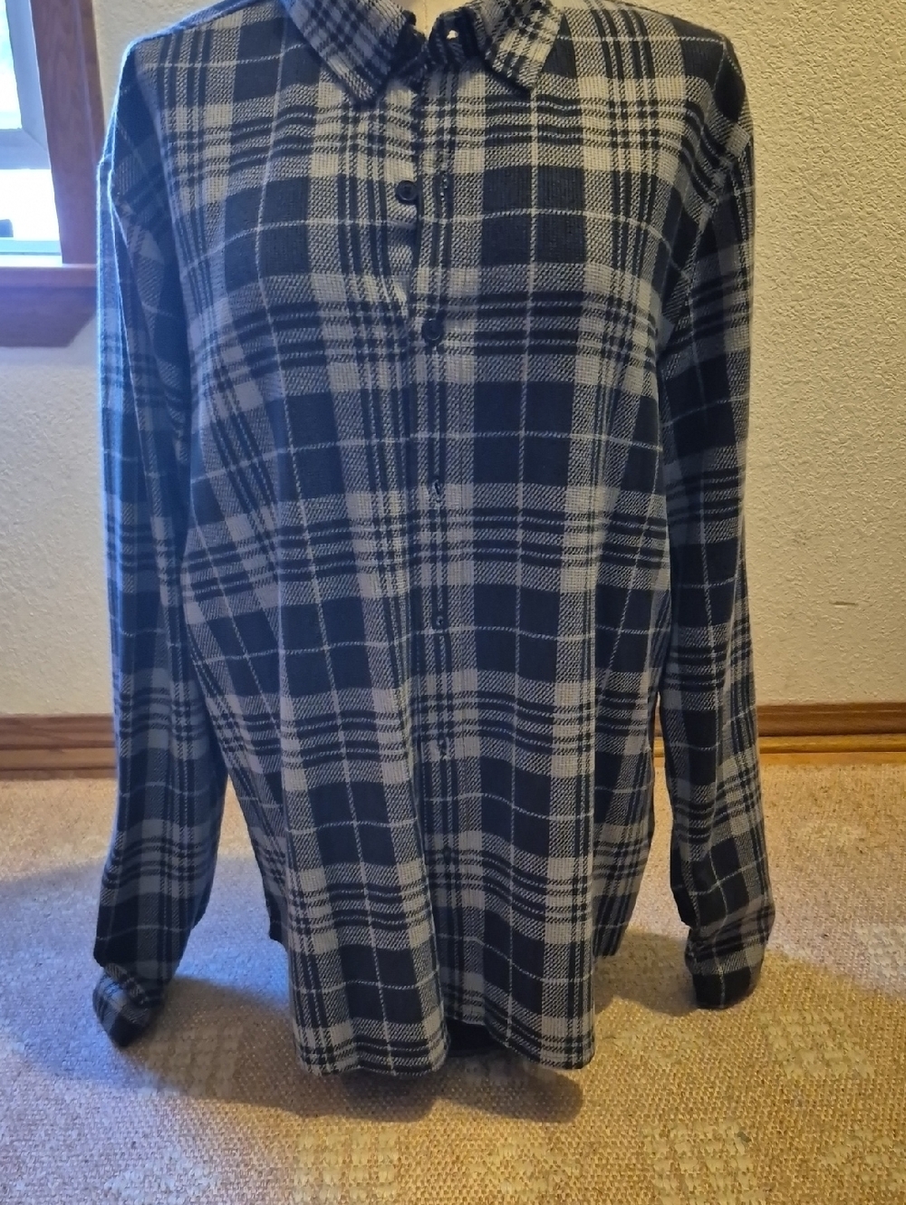 Men's Blue and White Plaid Long-Sleeve Button-Down Shirt